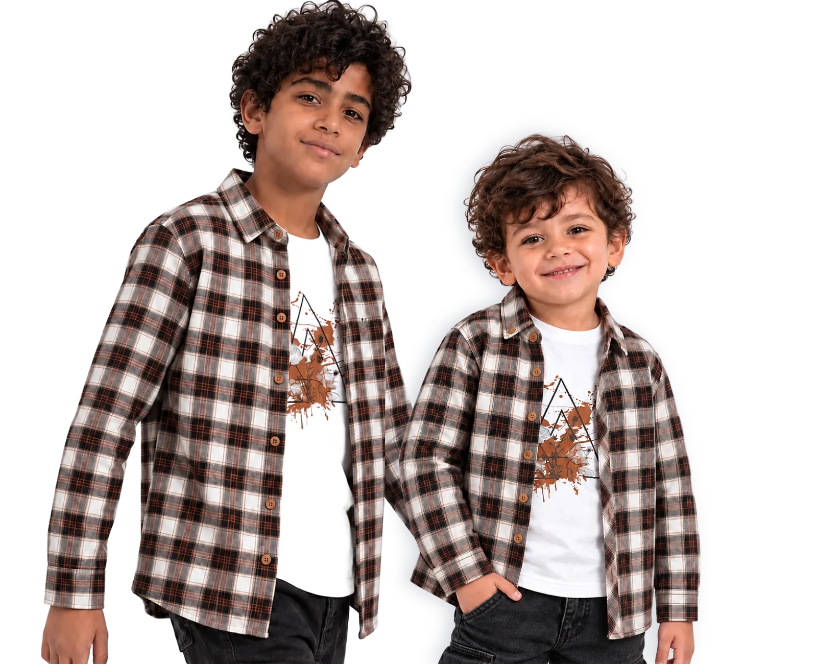 Two brothers wearing the same brown plaid Gedo Magdy twin-set in sizes 6–16 and 2–5